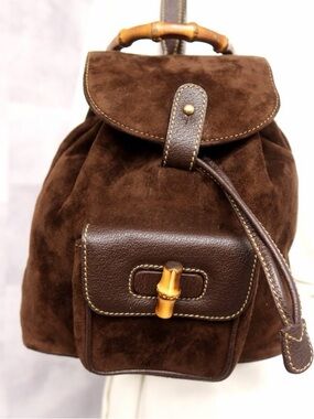 GUCCI Brown Suede Backpack with Bamboo Accent